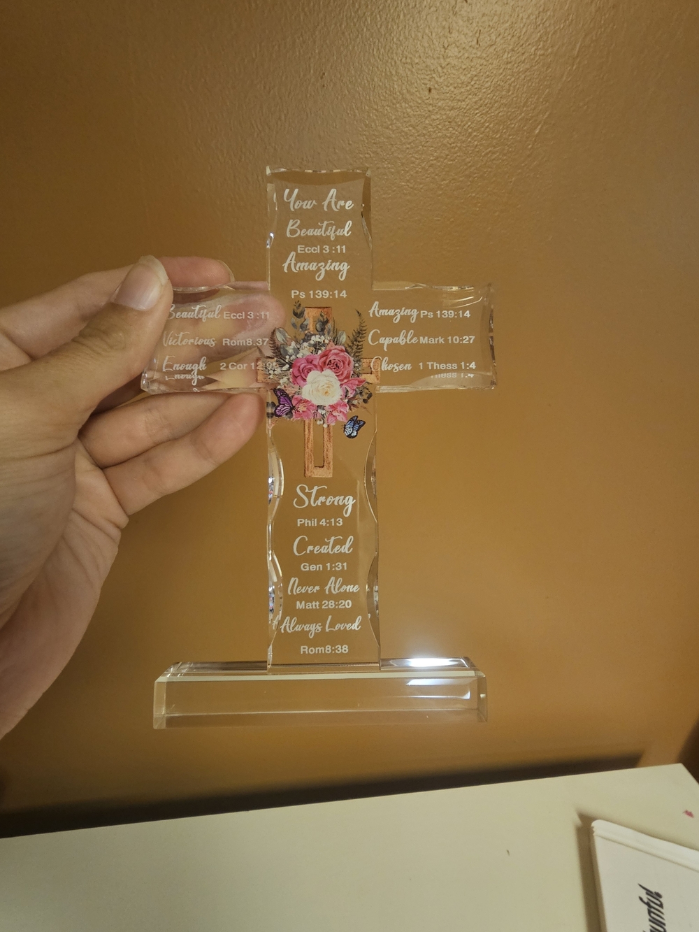 Amazon Clear Crystal Cross Accent with Pink Floral Detail